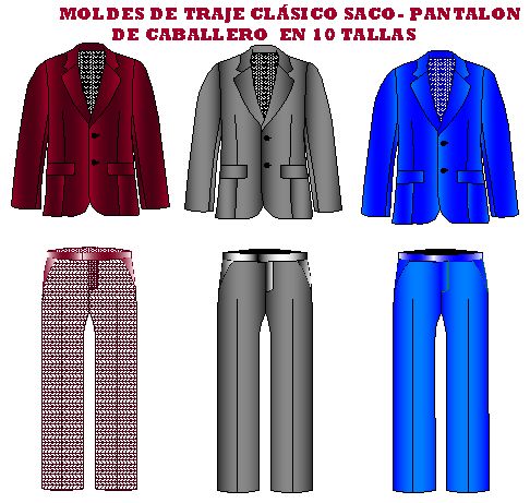 Moldes de traje clasico de caballero saco pantalón en 10 tallas