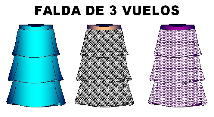 Moldes en 11 tallas de faldas de tres vuelos