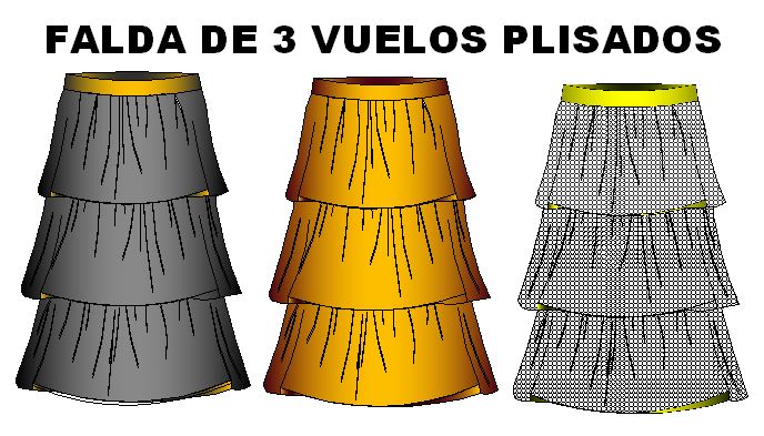 Tallaje de falda plisada clasica de tres vuelos.
