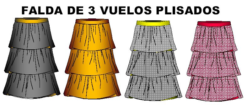 Tallas de Moldes de faldas plisadas de tres vuelos.