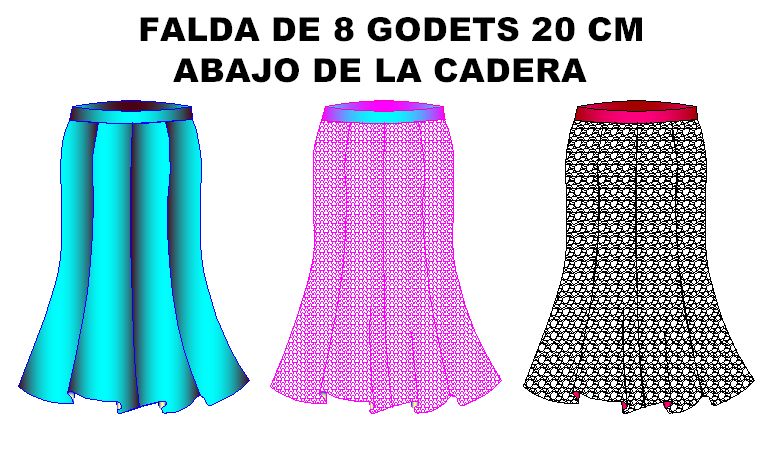 Tallaje de moldes de falda con 8 godets o gores 20 cm abajo bajo cadera
