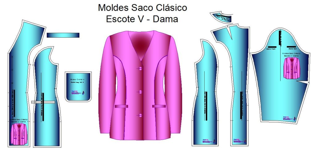 Molderia para costura de saco con escote en V de dama.